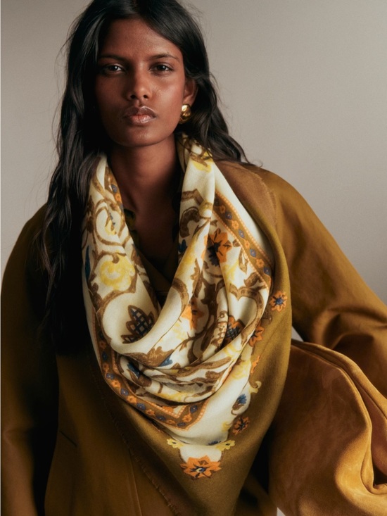 Sezane Accessories - Sezane Elegant Floral Print Wool Pio Scarf in Olive and Cream
